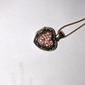 Sterling silver puffy heart locket pink stones necklace